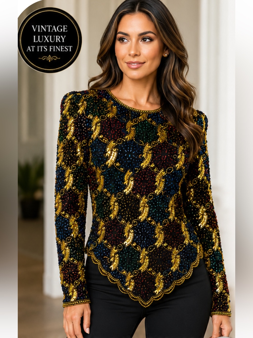Multi-Color Sequin Long-Sleeve Vintage Laurence Kazar Beaded Silk Top